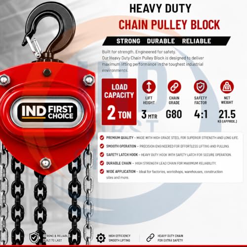 Image of IND Chain Pulley Block 2 Ton 3 Mtr Heavy Duty Manual Chain Hoist for Industrial, Construction, Warehouse & Workshop Lifting