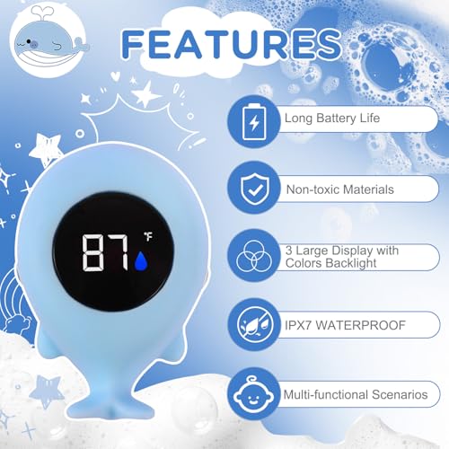Image of Whale Baby Bath Thermometer Newborn, Safety Baby Water Thermometer & Room Temperature Alert with 3-Color LED, Floating Digtal Bathtub Temperature Toy Gift for Infant, Toddler