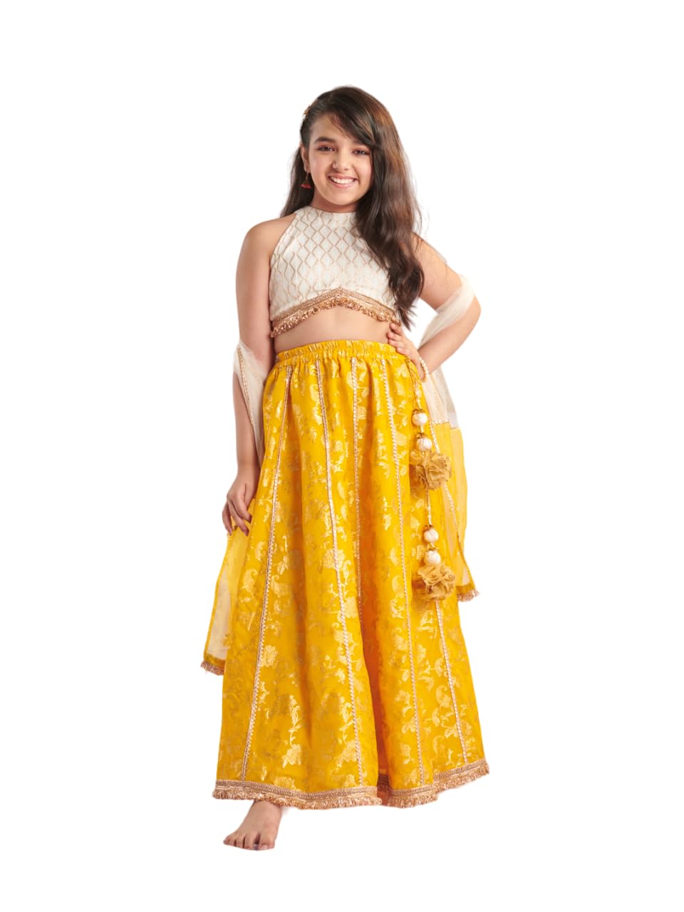Pspeaches Girl's Silk Blend 1 Lehenga, 1 Choli, 1 Dupatta (L-Yellowzaribrocade-12- Yellow_12-13Y)