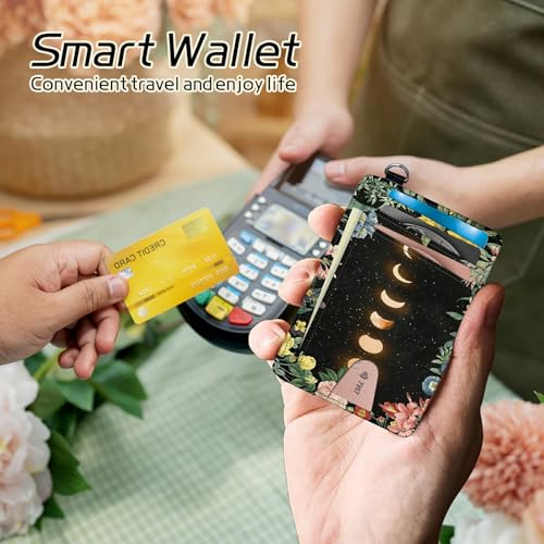 Image of Small Travel Wallets, Moon Flower Slim Minimalist Front Pocket Wallet with Wristlet, RFID Blocking PU Leather Credit Card Holder with ID Window Change Purse for Men Women