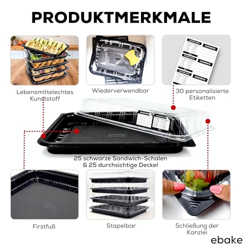 ebake 25er-Set Serviertabletts – 34 x 24 x 7,5 cm Servierplatte mit Deckel für buffet Zubehör Partys und Catering, Einweg Inklusive Sticker-Etiketten – Bild 3
