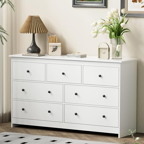 Image of Tradare White 7 Drawer Dresser for Bedroom, 55'' Wide Wood Chest of Drawers with Metal Handles, Modern Large Dressers Organizer for Living Room, TV Stand, Hallway, Entryway