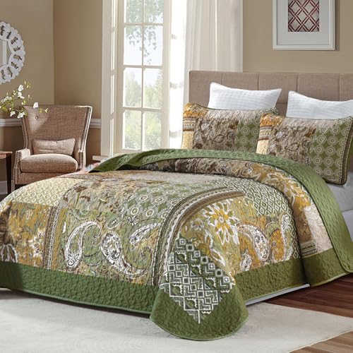 Patchwork Quilt Set King Size - Olive Green Boho Bedspread