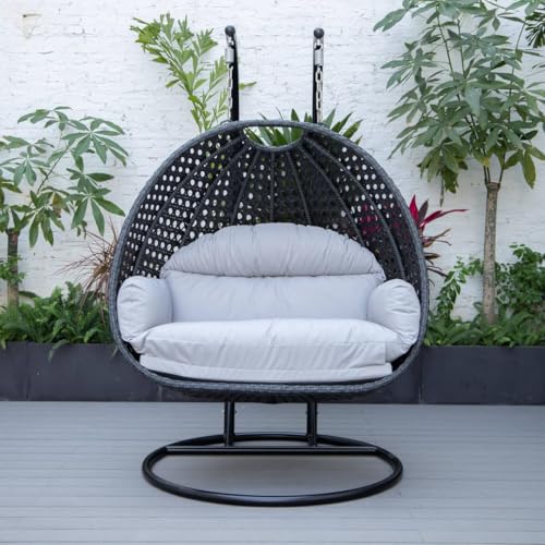 Image of Double Seater Hammock Swing Chair with Stand & Cushion | Heavy Duty Powder Coated Steel Frame | Outdoor Indoor Hanging Swing for Patio Balcony Garden Terrace Living Room (Grey-White)