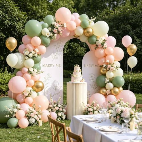 Image of Zesliwy Green Cream White Pink Gold Balloon Arch Kit, Latex, Party Decor