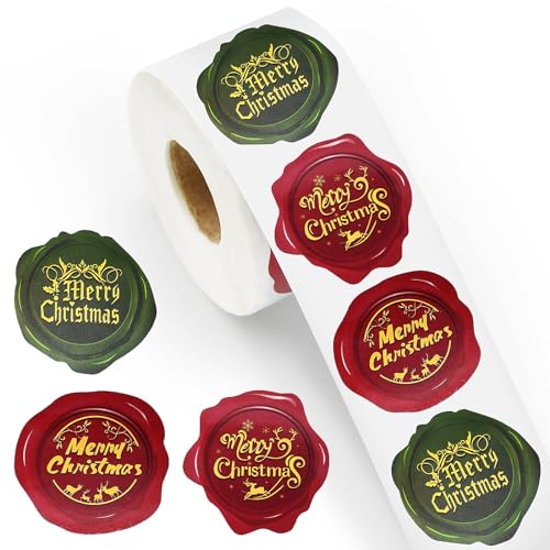 500 Pieces 1.5 Inch Christmas Stickers Roll for Envelope - 3 Designs Stamp Shape Round Merry Christmas Sticker Self Adhesive Tag Seals Labels for Holiday Greeting Sealing Gifting Gift Decorations