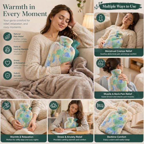 Image of Hot Water Bag with Soft Plush Cover 2000ml, Medical-Grade Silicone Hot & Cold Therapy Hot Water Bottle for Period Cramps, Back Pain, Muscle Aches & Body Relaxation & Comfort (Pastel Ombre)