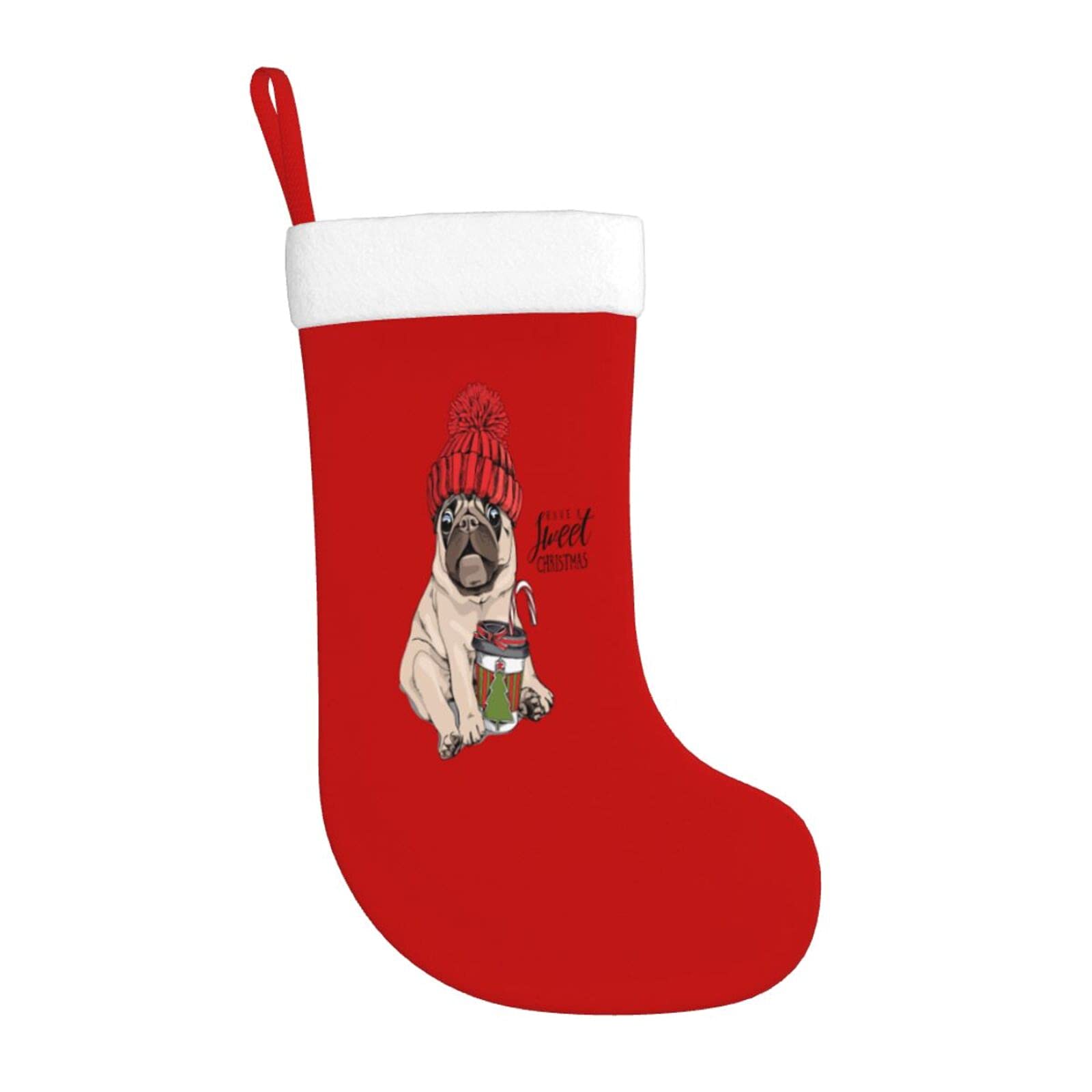 Yilad Christmas Stockings Pug Dog Xmas Stockings with Plush Faux Fur Cuff Decoration for Holiday Family Party 20 Inches