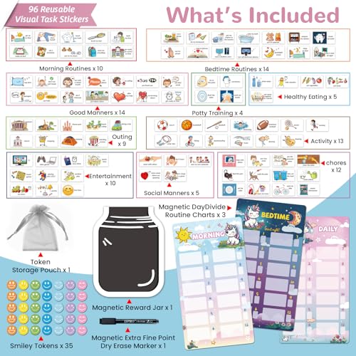 Image of JJPRO Magnetic Bedtime /Morning /Daily Reward Routine Chart for Kids with Reward Jar-Bedtime Routine Chart,Reward Jar for Kids,Daily Checklist Reward Chart for Toddlers,Visual Schedule Board -Unicorn
