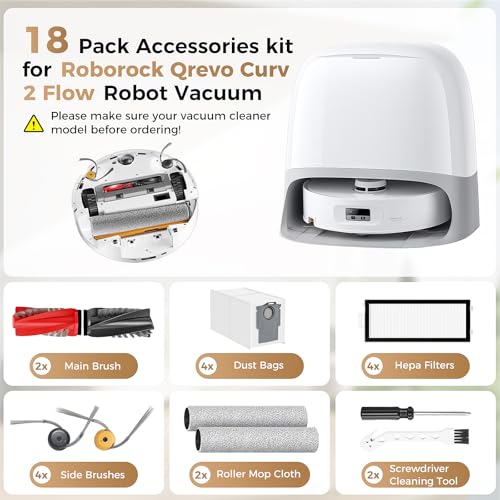 Image of 18 Pack Replacement Accessories Kit Compatible with Roborock Qrevo Curv 2 Flow Robot Vacuum, 2 Main Brush, 4 Dust Bag, 4 Side Brush, 2 Roller Mop Cloth, 4 HEPA Filter, 1 Screwdriver, 1 Cleaning Tool