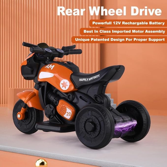 Image of Ninja Ev Kids Battery Operated Bike Rechargeable Ride on for Boys and Girls with Music and Lights, Forward and Backward Gear, Built in MP3 Player Baby Bike with USB Port (Orange)