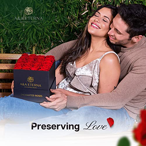 A&A Eterna - Enchanted Roses 9 Red Roses Preserved In A Black Square Box - 100% Real Rose For Her - Extra Large Red Roses Elegantly Arranged In A Chic Box #TOP1