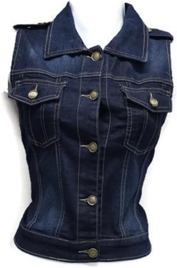 Sleeveless Stretch Denim Cardigan Vest Tops with Epaulet Shoulder Size Small