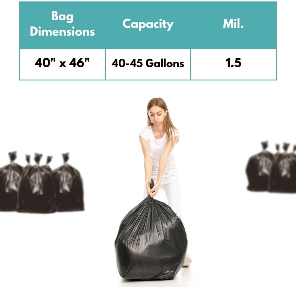 40-45 Gallon Black Trash Bag, 8000 Bags, 1.5 Mil Thick, For Commercial Kitchen, Warehouse, Office, Janitorial, Can Liners, Large Garbage Bags