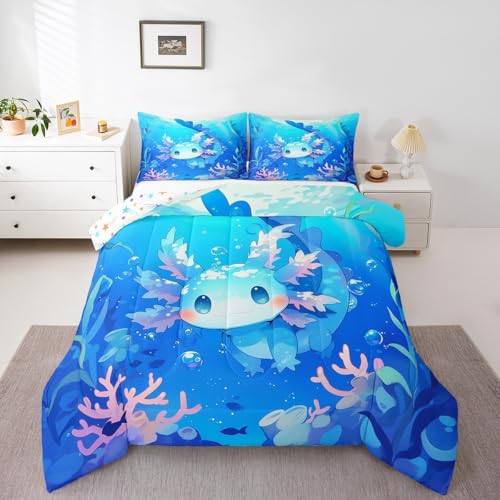 Erosebridal Axolotl Bedding Set Full Size,Cute Animal Salamander Comforter Set for Kids Boys Girls Teens Blue Ocean Sealife Quilt Kawaii Sea Creature Duvet Insert