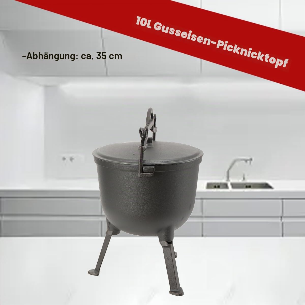 10L Jagdkessel Gulaschkessel Gusseisen Topf Gusseiserner Kessel BBQ Schmortopf Gusseisen Kochtopf Feuertopf mit Füßen Und Deckel für Garten Lagerfeuer Camping Schwarz
