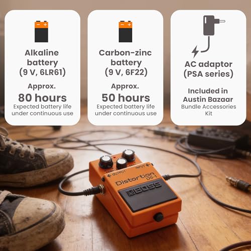 Image of Boss DS-1 Distortion Bundle with Gearlux Power Supply, Instrument Cable, Patch Cable, Picks, and Austin Bazaar Polishing Cloth