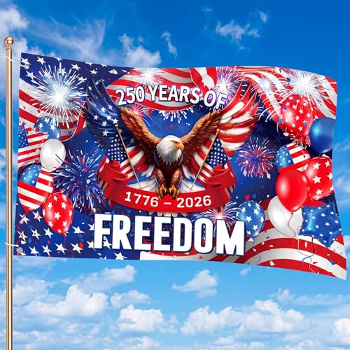 Ganeen 250th Anniversary Flag with Rope 3 x 5 ft Patriotic Flag Double Sided 250 Years of Freedom Flags with Grommets 1776-2026 Eagle Commemorative Banner Backdrop 4th of July Indoor Outdoor Decor