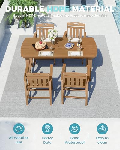 Image of Ciokea HDPE Outdoor Dining Set, 5-Piece Patio Table and Chairs Set with Umbrella Hole, All-Weather Patio Dining Sets for 4, Durable Patio Furniture for Backyard, Garden, Lawn & Poolside, Teak