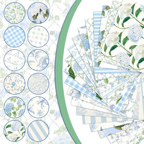 HunnmingRe 20 Pcs 10''x10'' Hydrangea Quilting Fabric Square Bundle Watercolor Dusty Blue Floral Precuts Quiltted Fabric Printed Patchwork Material Supplies for Holiday Patchwork DIY Sewing Crafts — view 4