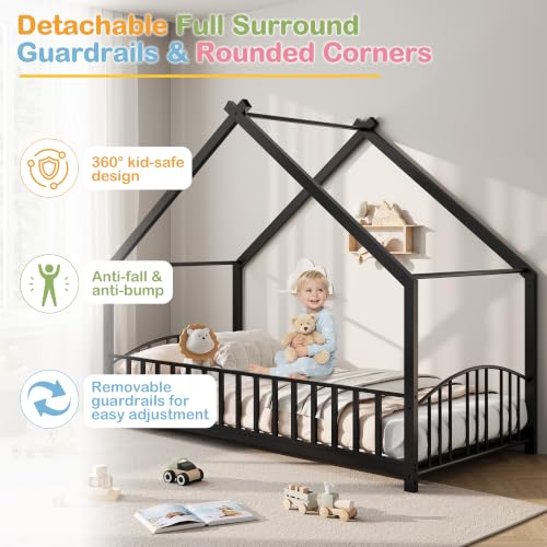 Image of Garvee Twin Size House Shape Bed Frame with Rail, Black