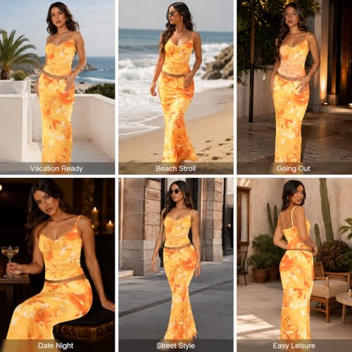 Image of Two Piece Skirt Set for Women - Sexy Sleeveless Spaghetti Strap Pleated Tank Top Maxi Long Skirts Sets