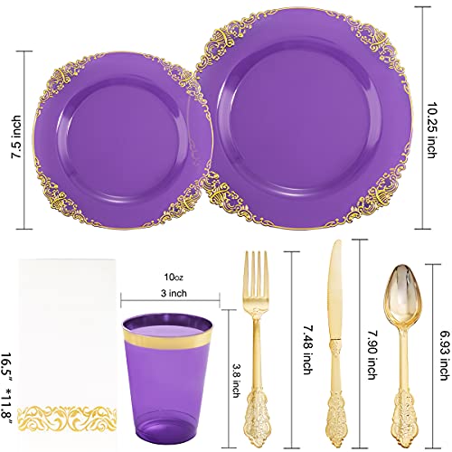 Nervure 175Pcs Clear Purple Plastic Plates - Gold Plastic Plates For 25 Guests Include 25Dinner Plates, 25Dessert Plates, 25Cups, 25Forks, 25Knives, 25Spoons, 25Napkins For Wedding&Party #TOP5