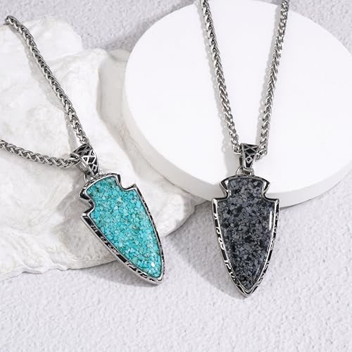 Arrowhead Necklace for Men, Stainless Steel Handmade Pendant with Natural Turquoise or Snowflake Chips, Father's Day Gift for Dad, Gifts with Box for Men Boyfriend Husband, Nature Lover3