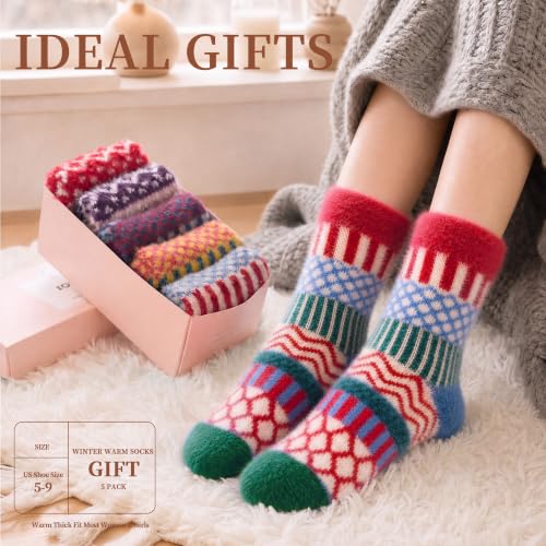 Image of ICEIVY 5 Pair Comfy Fuzzy Warm Winter Cozy Socks Birthday Gifts for Women | Plush Soft Socks Cloud Wool Thick Fluffy Vintage Style Premium Gift-Boxed Socks for Wife Mom Sister Grandma or Girlfriend
