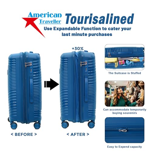 Image of AMERICAN TRAVELLER Tourisalined Trolley Bag| Polypropylene Hard Shell Luggage | Waterproof & Expandable Suitcase for Travel | 8 Smooth Spinner Wheels | Durable Travel Trolley Bag Set (24, Blue)