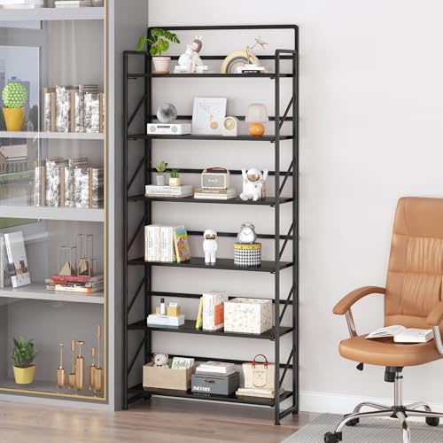 Image of JSB 6 Tier No Assembly Folding Bookshelf, 30.3 inch Wide Foldable Storage Bookcase for Home Office, Space-Saving Storage Shelf for Living Room (Black)
