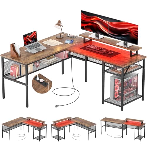 iSunirm Bureau Gaming en Forme de L,141 x 117 x 76 cm Bureaux à Domicile avec LED et Prises,Bureau d’Angle avec Étagères Rangement pour Etudier Travailler...