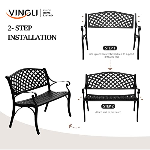 Image of VINGLI 40.5 inch Outdoor Bench Patio Garden Bench, Anti- Rust Cast Aluminum Patio Bench Front Porch Bench for Yard Lawn Entryway Deck, Black