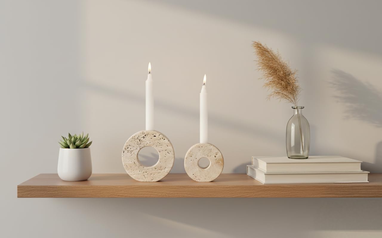 Marble Candle Holder Set of 2 Handmade Candlestick Holders for Taper Candles, Elegant Travertine Candle Stick Holders for Candlesticks, Centerpieces for Tables & Entryway Table Decor
