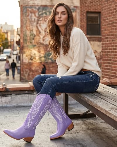 Image of Uillnoodu Wide Calf Cowboy Boots Women Adjustable Lace Up Knee High Tall Plus Size Cowgirl Boots Western Style Comfortable 2-Inch Heel