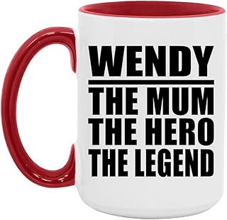 Gifts, Wendy The Mum The Hero The Legend, 15oz Accent Coffee Mug Red Ceramic Tea-Cup with Handle - for Birthday Anniversary Christmas Mothers Day Fathers Day Party, to Men Women Him Her
