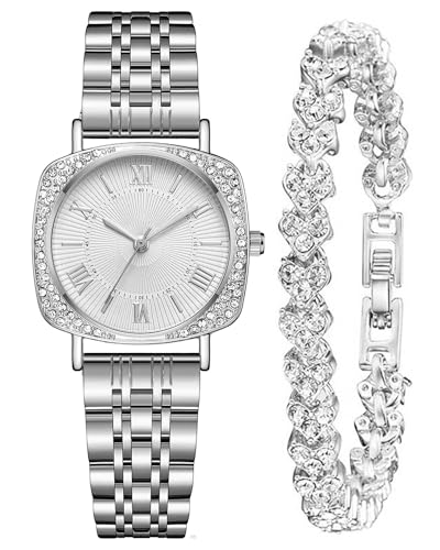 CIVO Montre Bracelet Argent Femme: Acier Inoxydable Etanche - Élégant Carré Design Analogique Montres Ensemble Cadeau