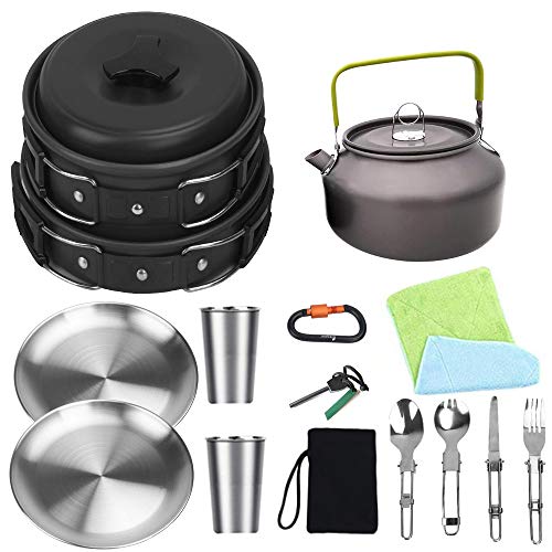 Bisgear Camping Cookware Kettle Pot Pan Mess Kit Stainless Steel Cup Plates Utensil