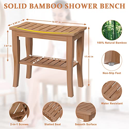 Domax Bamboo Shower Benches for Inside Shower - Bathroom Bench Seat Waterproof Wooden Shower Stool with Storage Shelf for Adults Elderly Seniors Wood Shower Chair for Bathtub or Small Spaces (Walnut) - Thumbnail 6