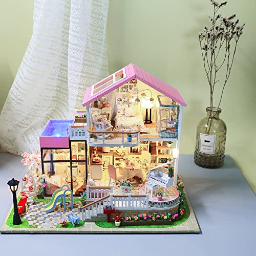 Cuteefun DIY Miniatur Rosanes Puppenhaus Kit mit Pool zum BAU Miniatur Haus Villa in Pink mit Musik Staubdichten Möbeln… – Bild 3