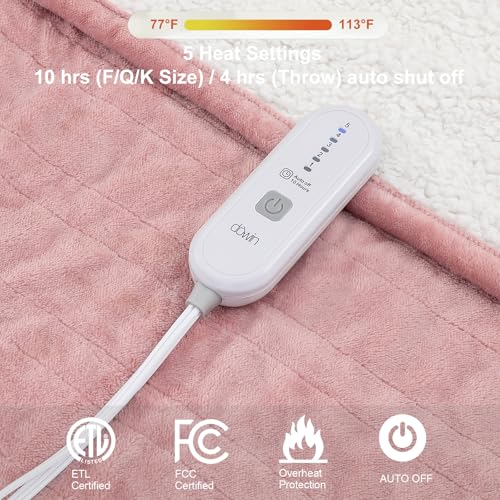 Dowin Pink Heated Blanket Electric Throw Fleece Flannel Heating Warming Blankets with Auto Shut Off for Couch Office Chair Bed Adults Fuzzy Cozy Machine Washable 50x60