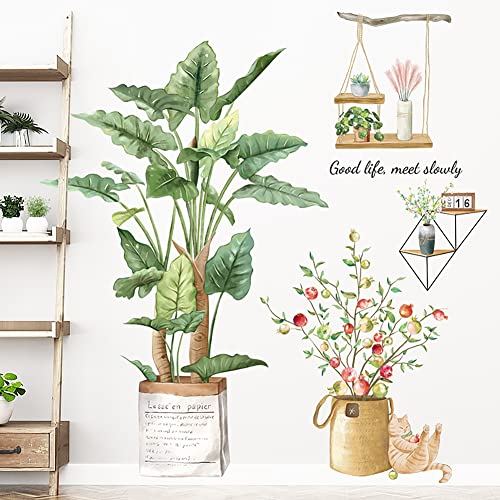 Drwssr New Fresh Literary Green Plant Wall Stickers Diy Removable Green Plants Potted Wall Art Decals For Livingroom Bedroom Bathroom Kitchen Office Study Yoga Room Cafe Home Wall Decor (Warm) #TOP2