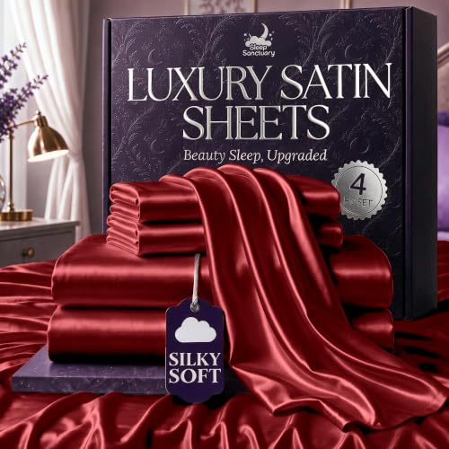 SLEEP SANCTUARY Satin Sheets Queen Size – 4 Piece Luxury Silky Bed Set, Softer Than Silk, 15" Deep Pocket, Cooling & Wrinkle-Free, Moisture-Wicking & Breathable for Hair & Skin (Red)