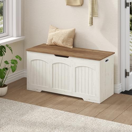 Fobyfurny Schuhbank Sitzbank mit Stauraum Sitztruhe mit Stabil Scharnier und Aushöhlen seitlichen Griffen für Flur Schlafzimmer Wohnzimmer 100 x 40 x 48 cm Weiß und Braun FFXD103PWR1