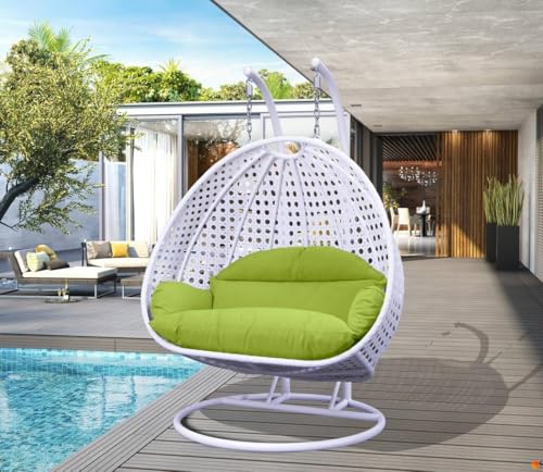 Image of Double Seater Hammock Swing Chair with Stand & Cushion | Heavy Duty Powder Coated Steel Frame | Outdoor Indoor Hanging Swing for Patio Balcony Garden Terrace Living Room (White-Light.Green)
