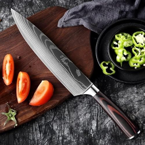 Image of Professional Chef Knife - 8 Inch Japanese Style Kitchen Knife with Hammered Stainless Steel Blade & Wood Handle-Ultra Sharp Multipurpose for Vegetables & More (Cover Knife)