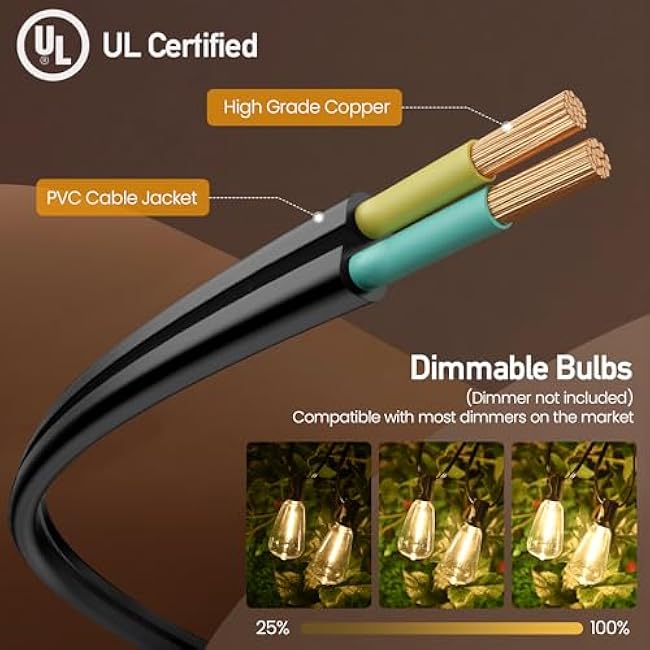 Outdoor String Lights 100 FT 52 Shatterproof LED Bulbs, UL Certified Patio Lights Outdoor Light Strings Waterproof for Patio Yard Outside Party Wedding, Connectable Dimmable 50 Sockets 2700K