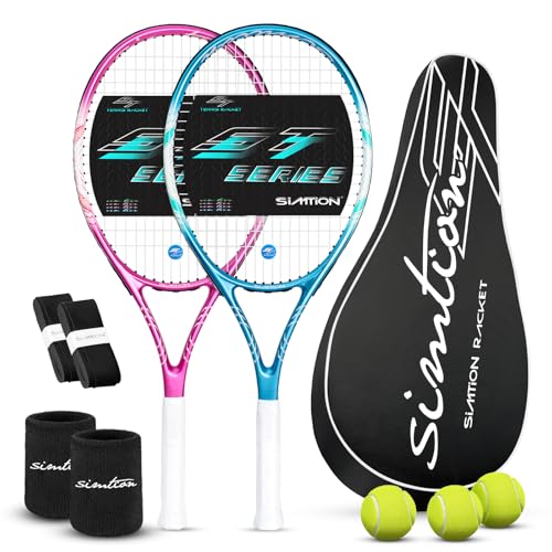 SIMTION 27 Inch Tennis Rackets Set 2 Player Pre-StrungTennis Racquets for Adults 2 Overgrip Tapes 3 Balls 2 Wristbands and Carrying Bag for Beginner and Professional (Rose Pink & Blue)