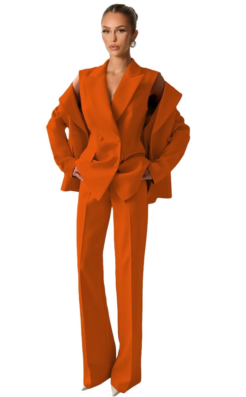 Womens Suits 3 Piece Set Burnt Orange Suit Set for Women Regular Fit Double Breasted Vest Blazer Pants