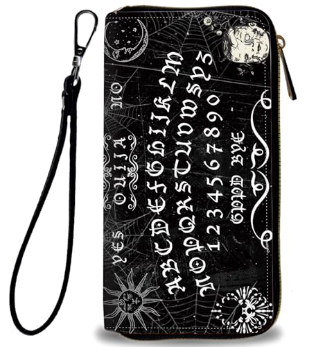 BVCLKJPOI Women's RFID PU Leather Wristlet Wallet, Large Capacity Zip Around Clutch with Multiple Card Slots, Coin Pocket & Phone Holder for Daily & Travel Use, Black Ouija Board